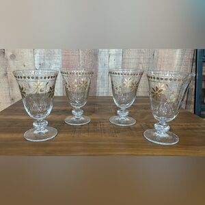 Williams Sonoma Gold Vintage Etched Water Glass Goblets set of 4.